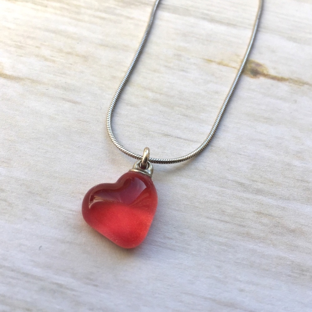Red Heart Charm Sterling Silver Necklace 16”